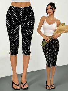 SHEIN PETITE 女款休閒波點印花修身七分褲，適合外出度假、返校，小碼女款黑白波點夏季款 - 黑色 - 查看 2