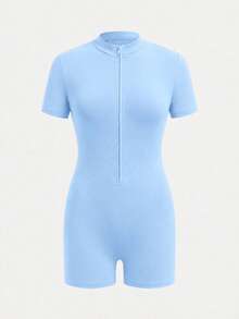 SHEIN Tween Girls Zip Up Half Zip Unitard,Back To School,Leisure Outing,Kids - Baby Blue - View 2