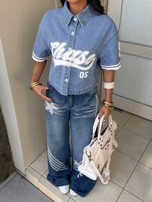 Flirla Chaqueta de mezclilla de manga corta con patrón de letras y abotonadura sencilla para mujer - Azul - Ver 8