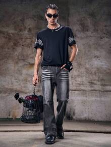 Skyrend Lightweight Business Casual Washed Distressed Hem Jeans For Men, Versatile Slim Straight Leg Casual Pants, Suitable For All Seasonsemo - Black - View 3