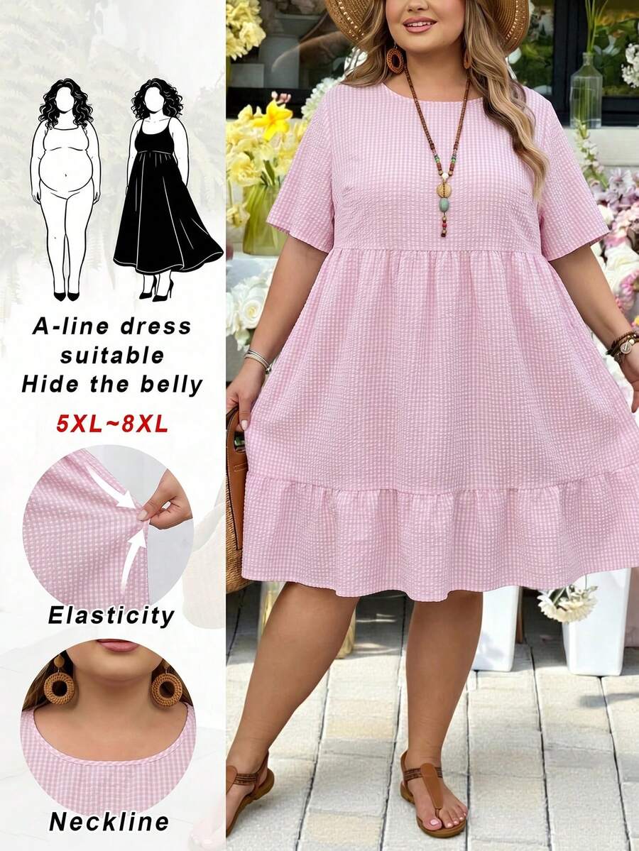 SHEIN CURVE+ فستان كاجوال للنساء بمقاسات كبيرة بنقشة مربعات وياقة دائرية وأكمام قصيرة وحافة مكشكشة - متعدد الألوان - مشاهدة 1
