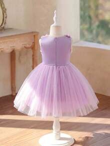 SHEIN Glamorique Kids 女嬰公主洋裝，優雅可愛紫色粉色3D花朵無袖蝴蝶結網紗蓬蓬裙，生日派對、婚禮節日禮服、舞會禮服、畢業禮服、夏季洋裝 - 紫色 - 查看 7
