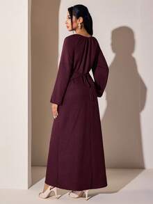Veilorie Gaun Arab Elegan Wanita Warna Polos dengan Lengan Lentera Raglan - Merah - View 3