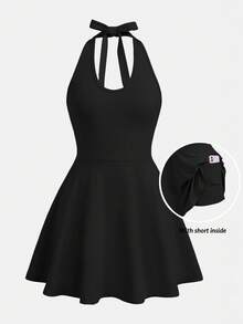 SHEIN Girlism 青少年女孩青少年女孩針織黑色修身蝴蝶結休閒優雅洋裝 - 黑色 - 查看 4