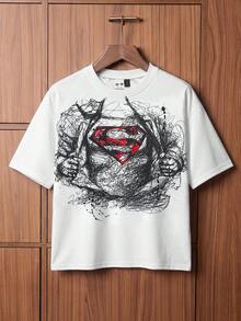 SUPERMAN X SHEIN TOKVUE 男士休閒印花短袖T恤 -- 夏季風格 - 白色 - 查看 1