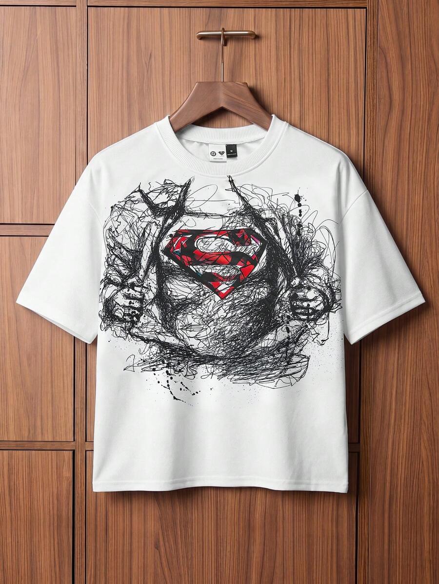 SUPERMAN X SHEIN TOKVUE 男士休閒印花短袖T恤 -- 夏季風格 - 白色 - 查看 1
