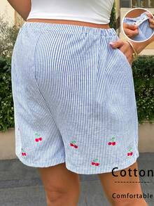 SHEIN Celana Pendek Hamil Musim Panas, Pinggang Elastis yang Dapat Diatur, Saku Miring, Longgar dan Nyaman, Motif Ceri Lucu, Kasual - Biru - View 1