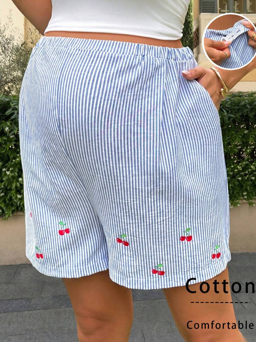 SHEIN Celana Pendek Hamil Musim Panas, Pinggang Elastis yang Dapat Diatur, Saku Miring, Longgar dan Nyaman, Motif Ceri Lucu, Kasual - Biru - View 1