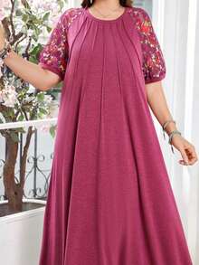 Lacomfia Women's Round Neck Short Sleeve Lace Floral Print Patchwork Trim Casual Loose Comfortable Versatile Long Dress - Red - View 4