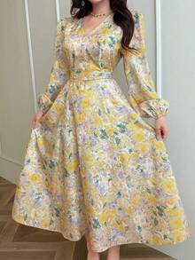 Feyla Rochie elegantă de vacanță pentru femei mărimi mari, cu imprimeu floral, decolteu în V și mânecă lungă - Multicolor - Vizualizare 9