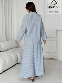 Solavon Women's Blue And White Striped Dropped Shoulder Long Sleeve Single-Breasted Shirt And Skirt Casual Modest Two Pieces Set Vacation - Blue and White - View 7