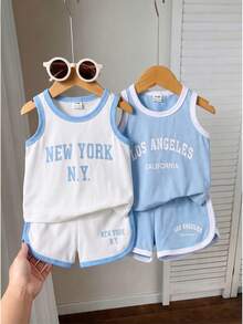 SHEIN Playful Pals 男嬰 4件套 字母印花圓領背心與運動短褲全套裝，運動風，適合夏季 - 彩色 - 查看 4