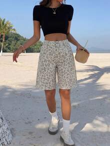 SHEIN PETITE Women's Leopard Print Denim Shorts ,Petite Women - Multicolor - View 6