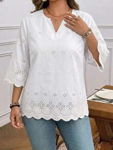 SHEIN LUNE Blusa plus size casual de cor sólida com bordado vazado, ideal para a temporada de verão, casamentos e praia. - Branco - Ver 4