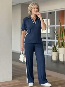 EMERY ROSE Middle-Aged And Elderly Women's Short Sleeve Top And Long Pants Set Dates Tidur Autumn - Navy Blue - View 5