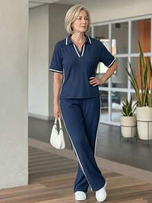 EMERY ROSE Middle-Aged And Elderly Women's Short Sleeve Top And Long Pants Set Dates Tidur Autumn - Navy Blue - View 6