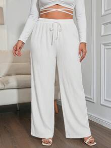 SHEIN Tall CURVE 大码女式高腰宽松抽绳褶皱纹理面料阔腿裤，女式白色亚麻裤 - 白色 - 查看 3