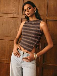 Poéselle Women's Brown Stripe Colorblock Casual 2000s Versatile Daily Outing Top Vacation Summer - Brown - View 3