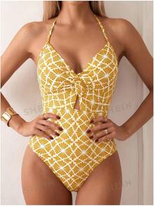 SHEIN Swim 女款度假全身印花扭轉設計性感掛脖式一件式泳衣 - 黃色 - 查看 3