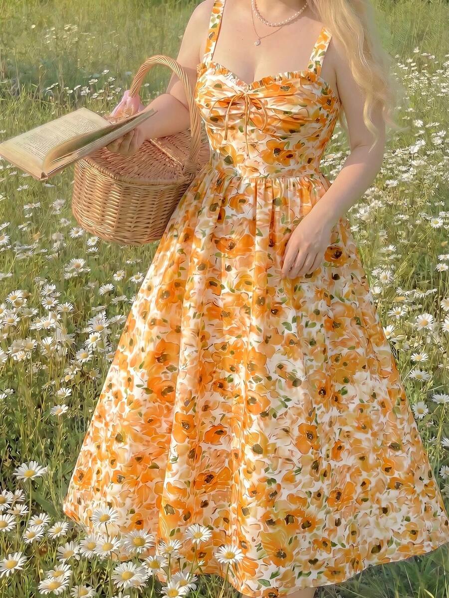 SHEIN MOD 大尺碼女款花卉印花抓皺腰部優雅派對度假洋裝 橘色夏季 - 黃色 - 查看 1