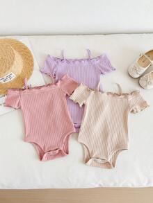 SHEIN LMoss Kids 新生女嬰休閒可愛極簡針織素色露肩短袖連身衣3件組 - 淡紫色 - 查看 1