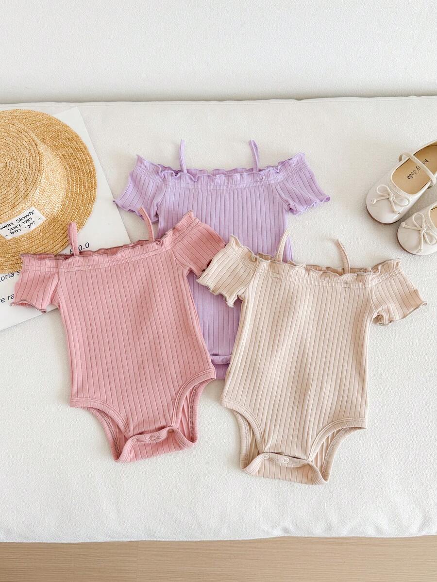SHEIN LMoss Kids 新生女嬰休閒可愛極簡針織素色露肩短袖連身衣3件組 - 淡紫色 - 查看 1