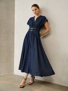 MOTF PREMIUM WOMEN'S BUCKLE DETAIL WAIST-CINCHING DENIM DRESS - Navy Blue - View 4