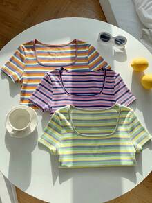Comfortcana Kaos Lengan Pendek Bergaris Warna-warni Ukuran Besar untuk Wanita, Paket 3 Buah, Musim Semi/Panas - MultiWarna - View 8