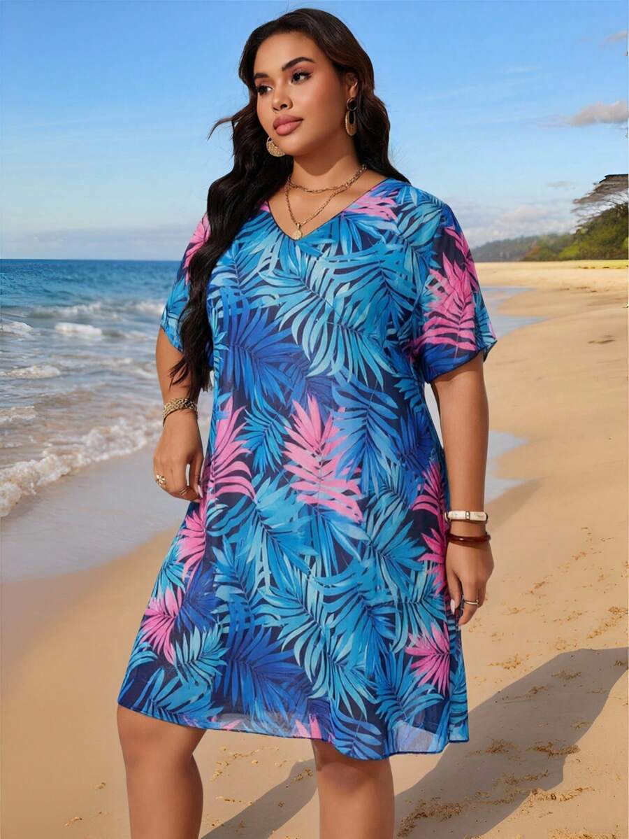 Swim Lushoire Talla Grande Mujer Estampado Aleatorio Manga Corta Suéter Holgado Largo Cubierta de Playa - Multicolor - Ver 1