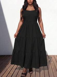 Truni Plus-Size Women's Black Summer Boho Backless Dress, Casual Sleeveless Ruffled Hem Vacation Holiday Spring 2026 Carnival Outdoor Wear - Black - View 6