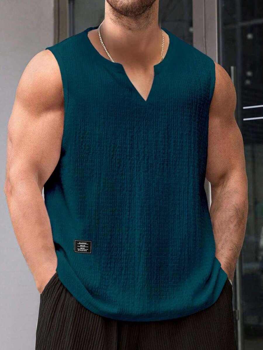 Manfinity Homme Men's Letter Print Distressed V-Neck Casual Versatile Tank Top - Teal Blue - View 1