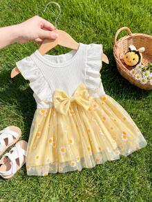 Playful Pals 1件新生女嬰白色與黃色羅紋針織軟布素色上衣，配黃色花卉印花網紗下擺，可愛休閒甜美清新韓風時尚 - 黃色 - 查看 8