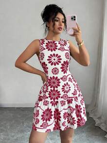 SHEIN Elenzya Đầm mini nữ phong cách Bohemian mới nhất cho mùa tốt nghiệp, kiểu Pháp thanh lịch, họa tiết hoa in dệt, cổ tròn, không tay, chiết eo, trang phục đi chơi, trang phục mùa hè, xuân/hè - Đỏ - Xem 3