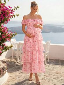 Loomaby 孕婦露肩荷葉邊花卉印花層疊裙擺優雅洋裝 - 粉色 - 查看 3