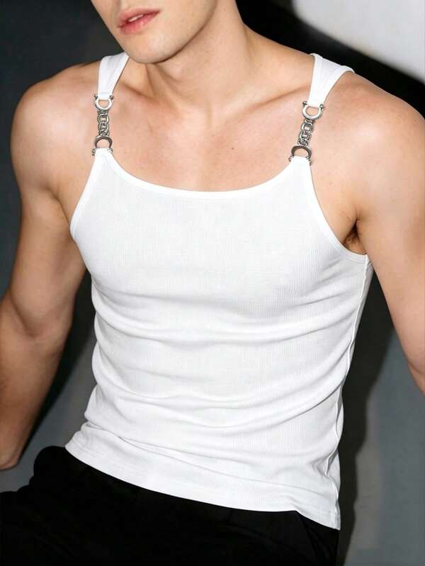 Manfinity Dauomo Men's Summer Fashion Round Neck Slim Fit Metal Decor Tank Top