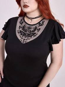 ROMWE Plus Size Women Gothic Botanical Moth Moon Sun Mushroom Print Mesh Patchwork Embroidered Deep V-Neck Ruffle Sleeve T-Shirt - Black - View 3