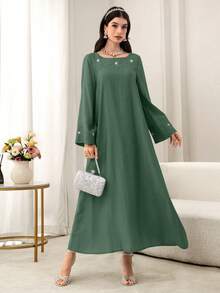 Yasmyna Floral Embroidered Bubble Dress, Elegant Arabic Style - Dark Green - View 7