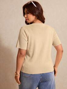 Elaquor Plus Size Summer Casual Solid Color Short Sleeve Cardigan Fall - Apricot - View 3