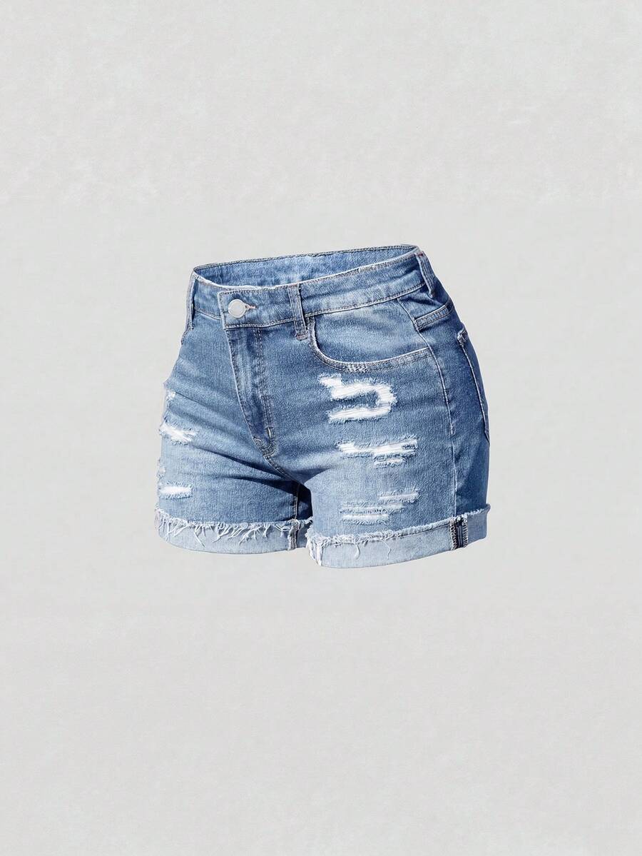 SHEIN Girlism Teen Girl Solid Color Distressed Hem Pocket Design Casual Denim Shorts - Light Wash - View 1