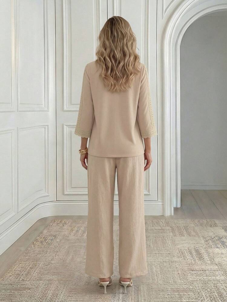 Women's Solid Color Round Neck Long Sleeve Top And Long Pants Casual Daily 2 Pieces Set,Summer Set