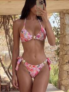 Swim Vcay 春夏女款2件式性感泳衣套裝，海洋生物圖案，粉色海灘泳裝套裝 - 彩色 - 查看 1