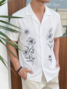 HIMLAND Men's Casual Vacation White And Blue Floral Cuban Camp Collar Shirt,Summer Short Sleeve Button Down,Line Art Minimalist Botanical Print,Relaxed Fit - White - View 7