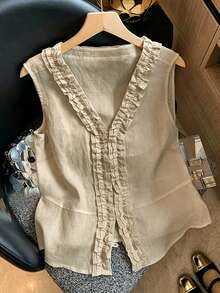 SHEIN Franclia 女款V領荷葉邊飾亞麻感無袖上衣背心，夏季優雅休閒通勤度假襯衫 - 卡其色 - 查看 1
