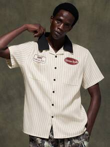 Salvezio Men's Casual Beige Letter Print Striped Short Sleeve Shirt - Apricot - View 3