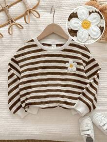 LMoss Kids Young Girl Knitted Striped Round Neck Loose Casual Sweatshirt - Coffee Brown - View 7