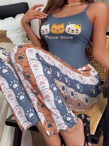 SHEIN 貓咪印花細肩帶上衣 & 撞色爪印長褲家居服套裝 - 彩色 - 查看 4