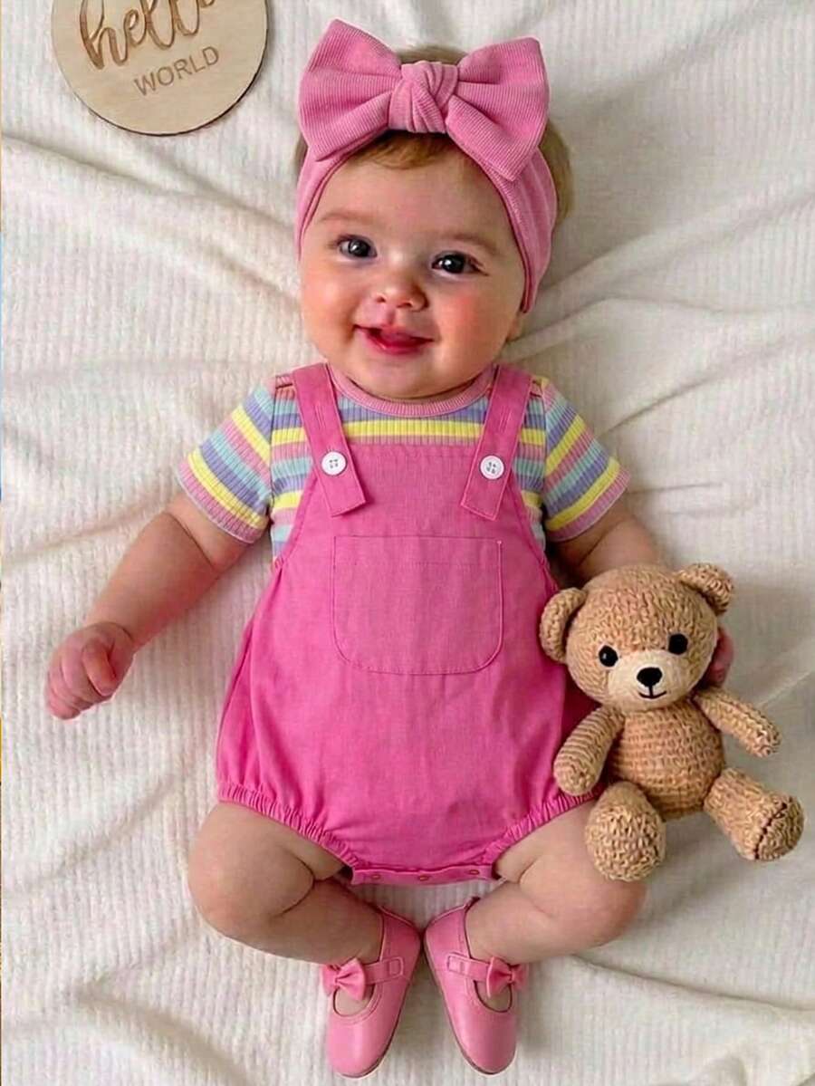 SHEIN Newborn Baby Boys' 2pcs Set,Pink,Summer,Cute,Family Matching Striped Overall,White Knitted Peter Pan Collar Top,Striped Buttoned Hat,Casual Outfit - Pink - View 1