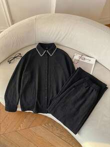 SHEIN EZwear 女款春夏時尚套裝 刺繡飾邊領襯衫與長褲 透氣混搭 通勤上班適用 - 黑色 - 查看 5