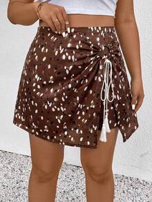 SHEIN Frenchy Women Plus Size Floral Print Casual Shorts, Versatile For Spring & Summer Wear Summer Shorts - Coffee Brown - View 6