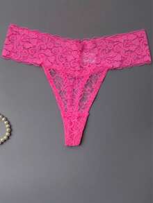 ROMWE Kawaii 3 Packs Sexy Women'S Lace G-String Panties, 90% Polyamide 10% Spandex, Thin T-Back Bikini Thongs, Knit Fabric, Solid Color, Drop Waist, 165gsm Lightweight Lingerie - Multicolor - View 3